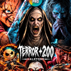 Puede incluir: Un póster digital con personajes de películas de terror, incluyendo una muñeca con cicatrices, una monja, una figura azulada, un esqueleto y un hombre con garras. El texto dice SEMITONOS PRO, TERROR + 200 y HALFTONE en letra negrita.