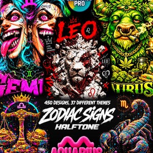 May include: A digital graphic collection featuring zodiac signs including Gemini, Leo, Taurus, Libra, Aquarius, and Scorpio. The artwork displays vibrant neon colors, detailed illustrations of animals and symbols, and the text "450 DESIGNS, 37 DIFFERENT THEMES ZODIAC SIGNS HALFTONE" and "SEMITONOS PRO".