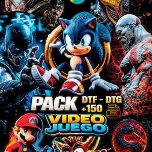 Puede incluir: Una vibrante composición de arte digital con Sonic the Hedgehog, Mario y otros personajes de videojuegos. La imagen incluye el texto "PACK DTF - DTG +150 VIDEO JUEGO PNG" y "MORTAL KOMBAT".
