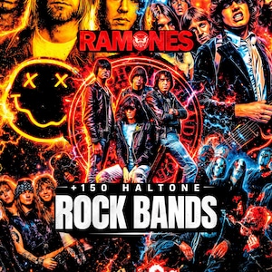 以下が含まれることがあります： AC/DC、Guns N' Roses、Slipknotなど、ロックバンドのコラージュを特徴とする鮮やかなポスター。デザインには、バンドメンバーのポートレート、ロゴ、テキスト「+150 Halftone Rock Bands」が含まれています。