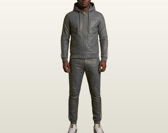 Men's Genuine Leather Hooded Tracksuit Set, Retro Sports Suit, Charcoal Gray