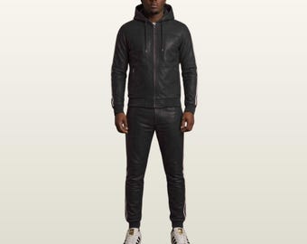 Genuine Leather Hooded Tracksuit Set, Retro Sports Suit, Bomber Jacket Trousers