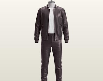 Men's Luxury Leather Jogging Suit, Custom Two Piece Leather Tracksuit