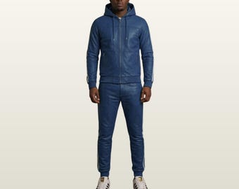 Men's Genuine Leather Hooded Tracksuit Set, Steel Blue Retro Sports Suit