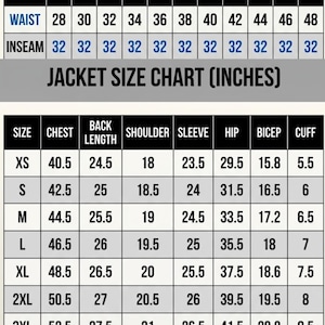 May include: A black and white size chart for pants and jackets with text headers including MEN PANTS SIZE CHART IN INCHES and JACKET SIZE CHART (INCHES). The tables list sizes from XS to 7XL for pants and XS to 5XL for jackets with measurements in inches.