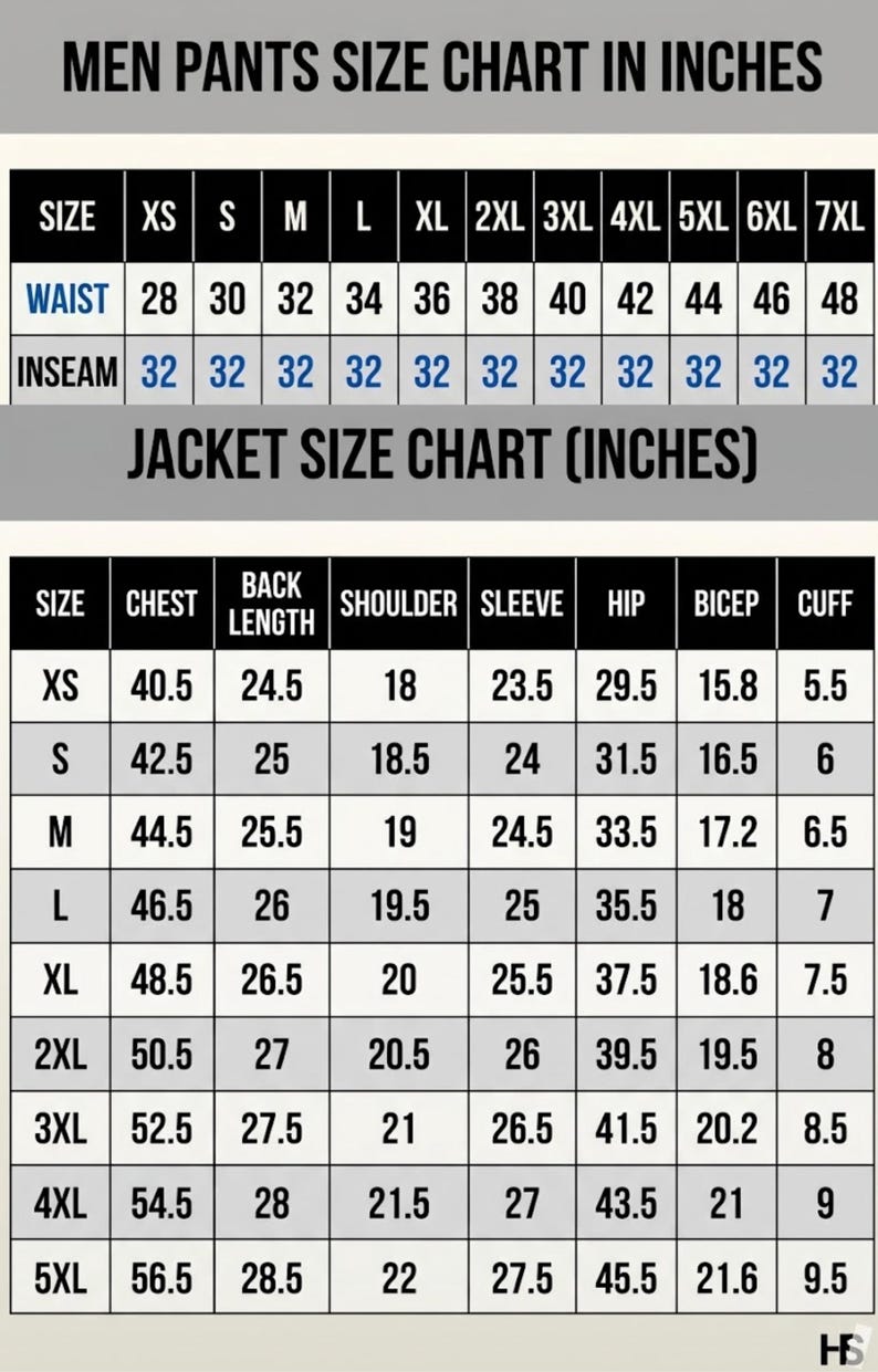 May include: A black and white size chart for pants and jackets with text headers including MEN PANTS SIZE CHART IN INCHES and JACKET SIZE CHART (INCHES). The tables list sizes from XS to 7XL for pants and XS to 5XL for jackets with measurements in inches.