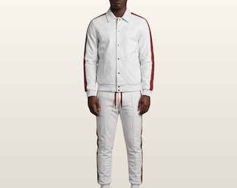 Men's White Genuine Lambskin Leather Tracksuit, Shirt Collar Jogger Set, Burgundy Stripe Detail