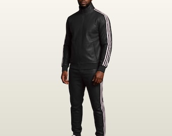Genuine Leather Tracksuit Set, Retro Sports Suit, Bomber Jacket Trousers