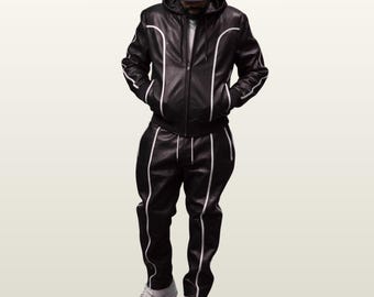 Genuine Leather Hooded Tracksuit Men, Custom Curved Panel Jogger Set