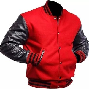 Wool Leather Sleeves, Varsity Letterman Jacket - Red Black, Snap Button Front | Side Pockets | XS-7XL