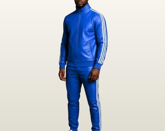 Men Blue Genuine Leather Tracksuit Set, Retro Sports Suit, Bomber Jacket Trousers