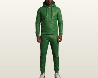 Men's Emerald Green Leather Hooded Tracksuit Set, Retro Sports Suit, Bomber Jacket Trousers