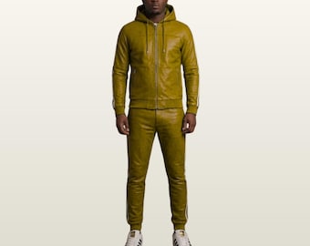 Men's Genuine Leather Hooded Tracksuit Set, Moss Green Retro Sports Suit