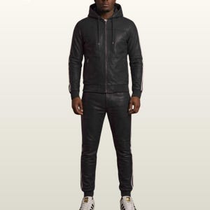 Men's Genuine Leather Hooded Tracksuit Set, Moss Green Retro Sports Suit image 5