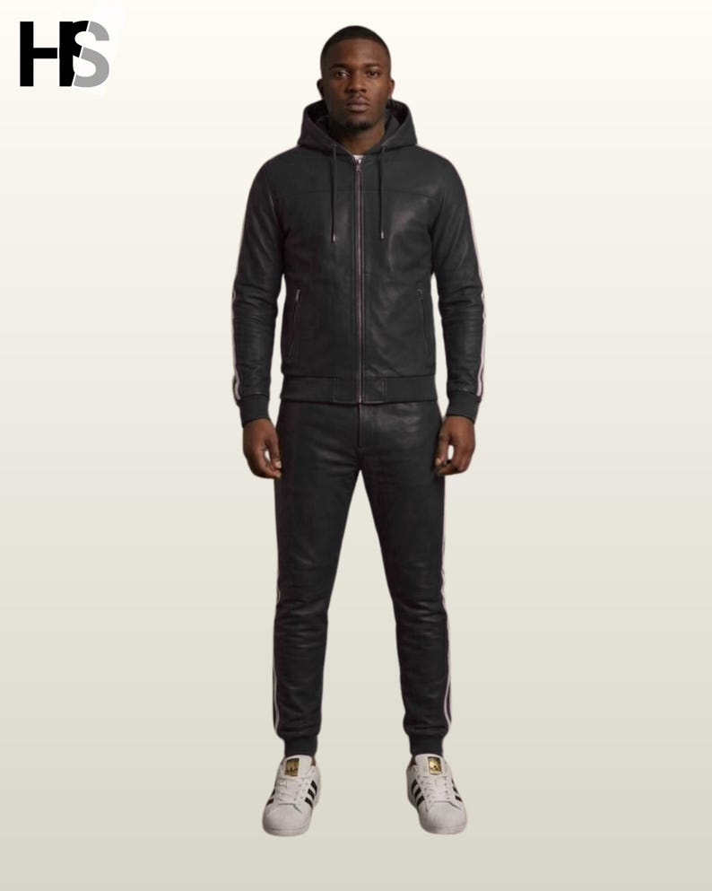 Men's Genuine Leather Hooded Tracksuit Set, Moss Green Retro Sports Suit image 5