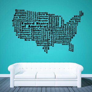 Carte des États-Unis, carte des États-Unis d'Amérique, décalcomanie murale de carte typographique des États-Unis, art mural nom de la ville et de l'État, carte des États-Unis, décoration murale américaine