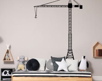 Calcomanía de pared de grúa de construcción, calcomanía de silueta de grúa torre, decoración de habitación de niño, arte de pared con temática de construcción, calcomanía de camión grúa, regalo de constructor