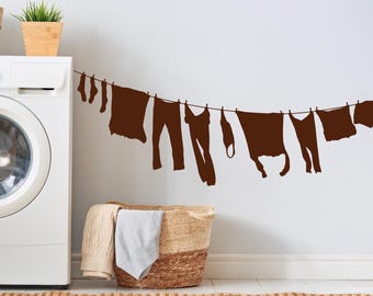 Laundry Room Wall Decal, Clothesline Design, Farmhouse Art, Hanging Clothes Decor, Rustic Laundry Decoration