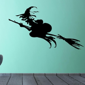 Witch Window Decal, Flying Witch Decoration, Halloween Witch Stickers, Broomstick Witch Silhouette Art, Spooky Decal, Gothic Witchy Decor