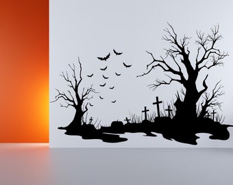 Cemetery Wall Decal, Graveyard Silhouette Scene, Spooky Tree and Bats Art, Gothic Landscape Decor, Haunted House Backdrop