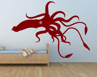 Decoración de pared con diseño de calamar, calcomanía de calamar, decoración para acuario, diseño para fiestas, pegatina de vinilo oceánica, diseño para el hogar costero, obra de arte para regalo de cumpleaños.