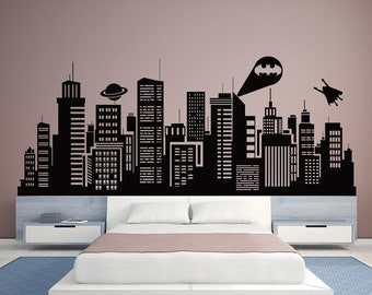 Superhero Skyline Decal, Superheroes Wall Art, Cityscape Decor, Super Hero, Superhero Birthday, New York City Artwork, Headboard Decals