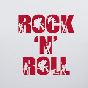 Könnte beinhalten: Rote Vinyl-Wanddekoration mit den Worten "Rock 'n' Roll" und Silhouetten von Musikern, die Instrumente spielen.