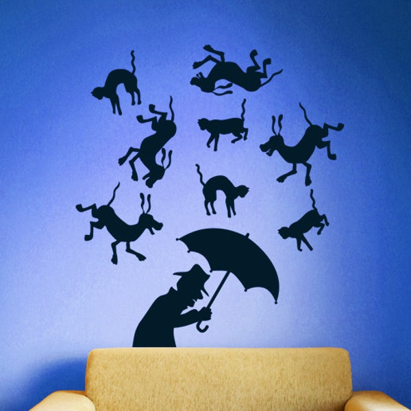 Raining Cats and Dogs, Man, Umbrella, Dog Decal, Cat Wall Artwork, Vet Tech Gifts, Vinyl, Sticker, Home, Veterinarian, Pet Decor, Office