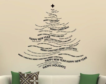 Christmas Tree Wall Decal, Holiday Decor, Eclectic Design, X-mas Decorations, Word Cloud Artwork, Happy Holidays, Home Wall Art