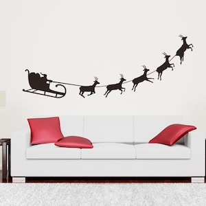 Santa Sleigh and Reindeer Wall Decal, Flying Reindeer Wall Art, Night Before Christmas Decor, Holiday Wall Art, Christmas Eve Decoration