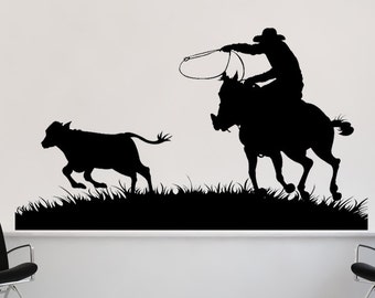 Calf Roping Decal, Cowboy Wall Art, Rodeo Decor, Ranch Horse Silhouette, Western Farmhouse Decor, Lasso Artwork, Cattle Roper