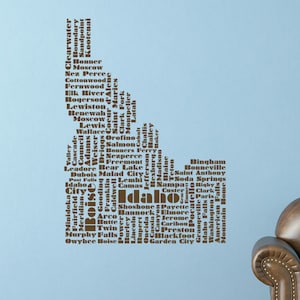 Sticker Idaho, muursticker Idahoan, Idahome-kunst, Boise-kunstwerk, Word Cloud, vinylbelettering, staatsontwerp, huiscadeau, decor kantoordecoratie