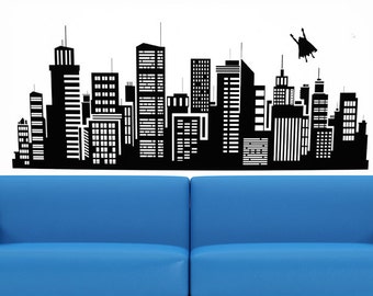 Superhero Wall Art, Skyline Decal, Cityscape Decor, Superheroes Design, New York City, Headboard Decals