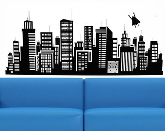 Superhero Skyline Decal, Super Hero Wall Decor, Superhero Sticker, Wall Vinyl, Home Design, Kid's Decor