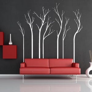 Tall Tree Wall Decal, Forest Silhouette Art, Scandinavian Decor, Bare Branches, Winter Trees Design