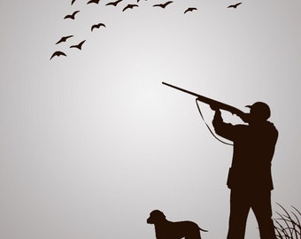 Hunting Gifts for Men, Hunting Nursery Decor, Duck Hunting, Dog Hunting Wall Decal, Hunter Art, Flying Geese, Hunt Scene, Home Decor