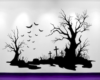 Spooky Halloween Wall Decal, Cemetery Scene, Bats, Tombstones, Birthday Party Decoration, Home Design, Holiday Decor, Tim Burton Art, Gothic