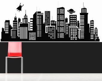 Skyline Wall Decal, Superhero Decor, Cityscape Artwork, Superhero Birthday Party Decoration, Vinyl Sticker, Home Decor, Super Hero Artwork