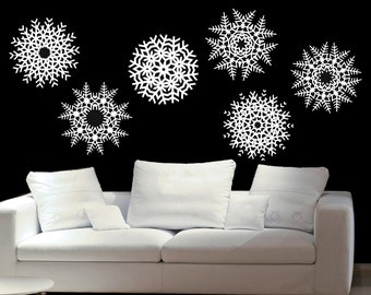 Snowflake Wall Decor, Snowflakes Wall Art, Set of 6, Winter Decal, Holiday Sticker, Snow Flakes Decoration, Ski Lodge, Christmas Art