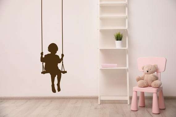 Swing Wall Decal, Toddler Silhouette Decor, Child Swinging Art, Nursery Artwork, Playroom Vinyl Sticker, Vintage Kids Room