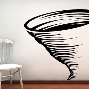 May include: Black and white illustration of a tornado, a swirling vortex of wind, on a white background.