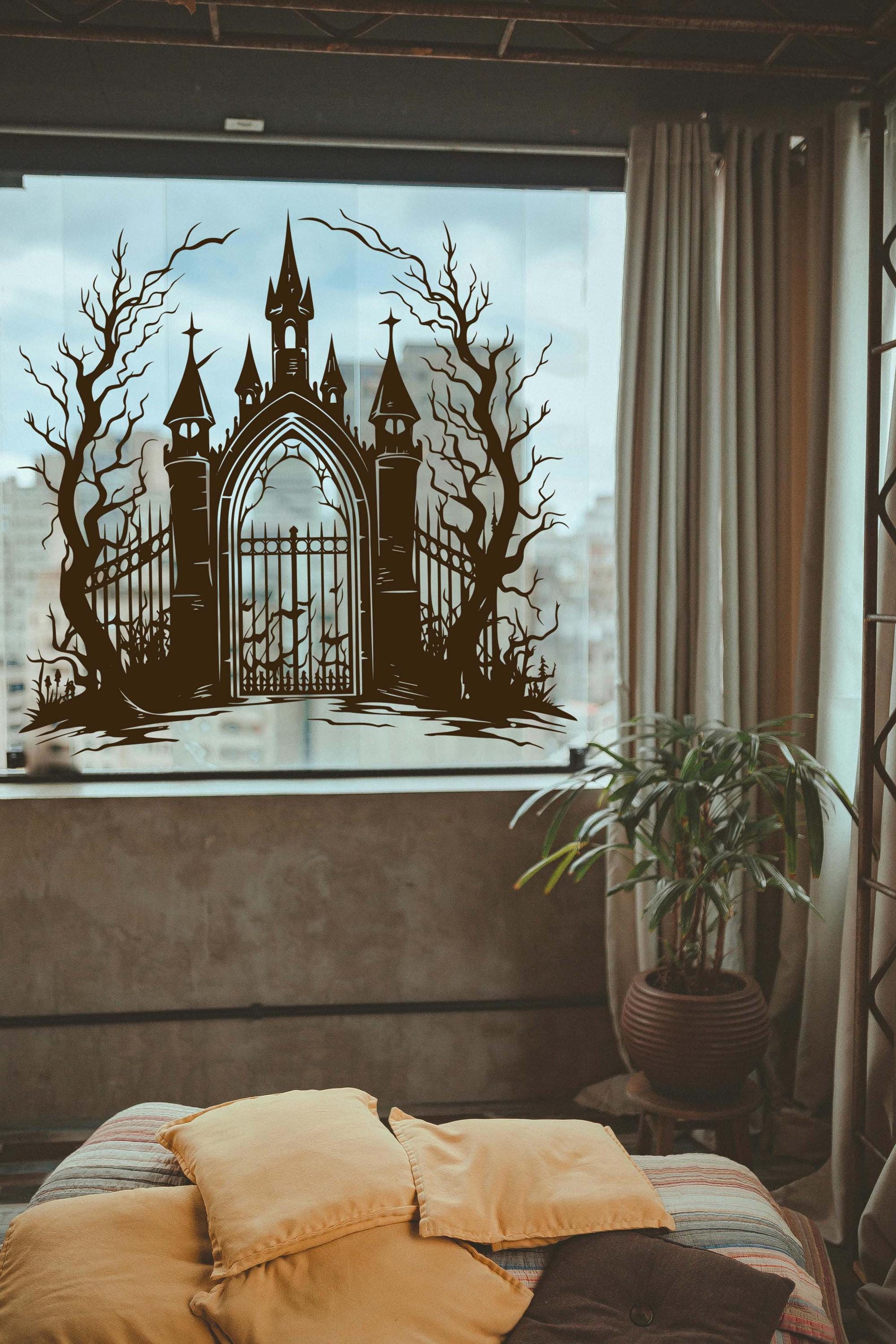 Gothic Castle Decal, Haunted House Wall Decor, Halloween Backdrop, Cemetery Scene, Medieval Wall Art, Witchy Home Decor, Haunted Mansion