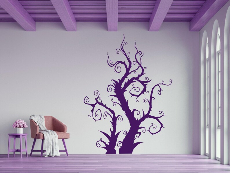 Tree branch wall decal featuring a tall twisting silhouette with curling limbs that create an eerie organic shape inspired by gothic and whimsical forest themes.