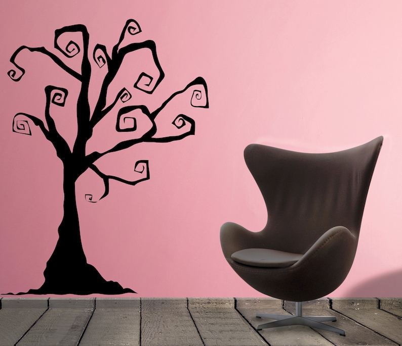 Halloween wall decal of a swirling tree silhouette for whimsical haunted house decor.