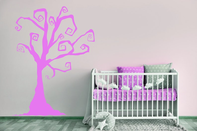 Nursery tree wall art featuring a dramatic gothic tree silhouette with curls.