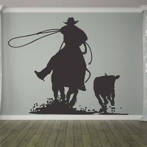 Cowboy Roping Wall Decal, Calf Roping Rodeo Art, Western Wall Decor, Ranch Wall Art, Rustic Cowboy Design, Horse and Calf Wall Decoration