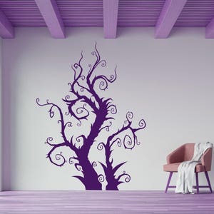 Whimsical tree art created with curling lines and dramatic shapes, bringing a sense of imagination and folklore into a space.