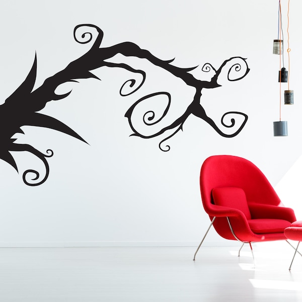 Grendekaler, dekoration med lockiga grenar, väggkonst med mörk natur, gotiska träddesigner, dekaler med vinrankor