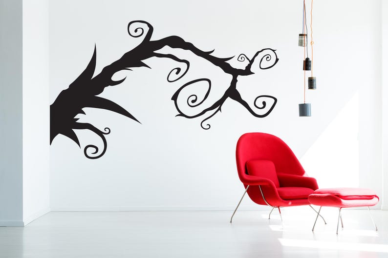 Curly branch wall decal with swirling gothic vines that create a sense of movement, mystery, and artistic expression, perfect for transforming any living space.