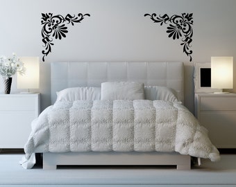 Floral Corner Wall Decal, Ornate Vine Scroll Art, Damask Inspired Design, Vintage Gothic Decor, Bedroom Headboard Accent